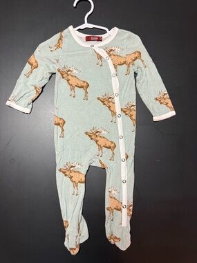 Milk Barn Snap Footed Romper in E Bow Tie Moose Print